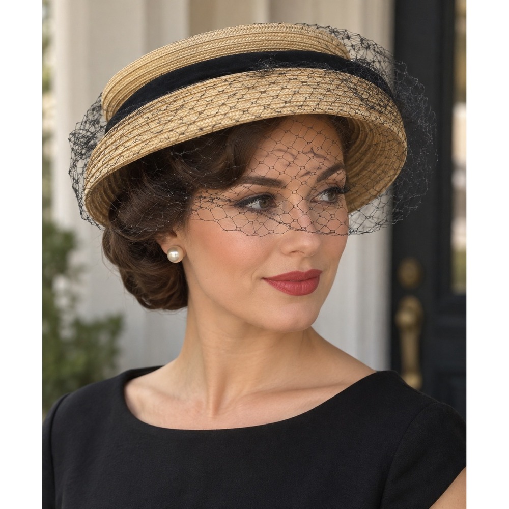 Vintage 1940s Straw Boater Hat Black Velvet Ribbon Birdcage Veil Union Made USA
